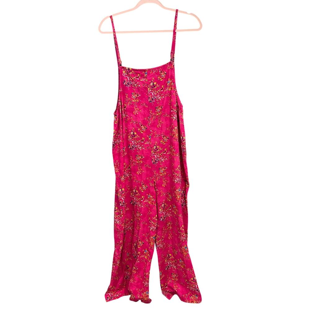 Women’s Med Pink Floral Cotton Jumpsuit Romper Wide Leg Boho Adjustable Straps